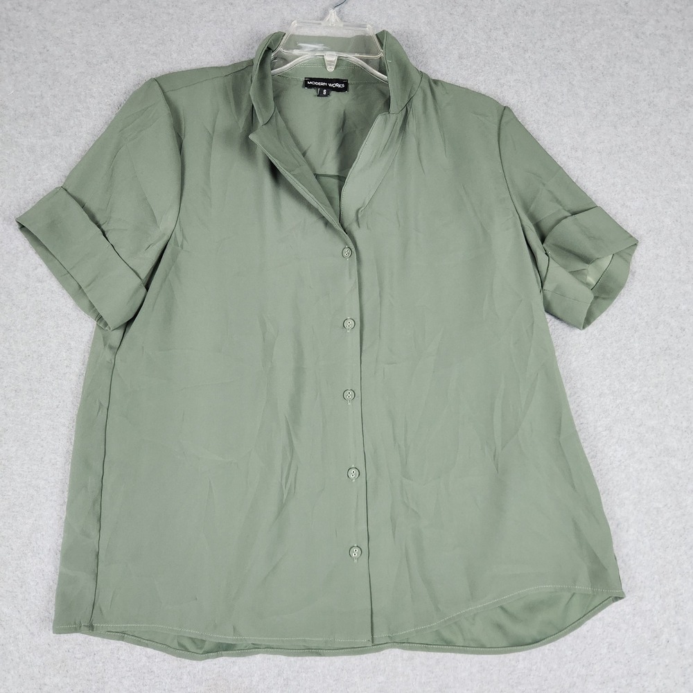 Modern Works Blouse Top Womens S Green Short Sleeve Cuffed Workwear Button Up